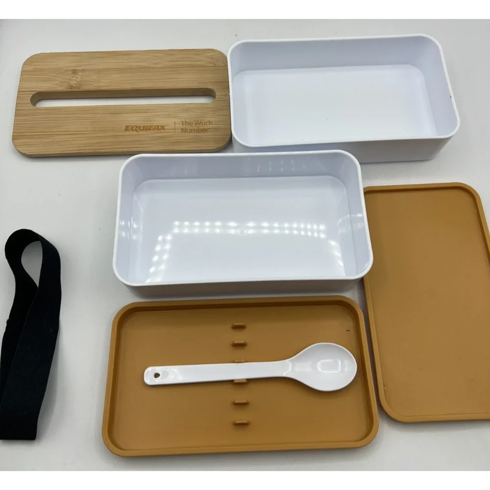 Equifax The Work Number Bento Lunch Box 2 Tier Bamboo Lid Spoon Strap Promo